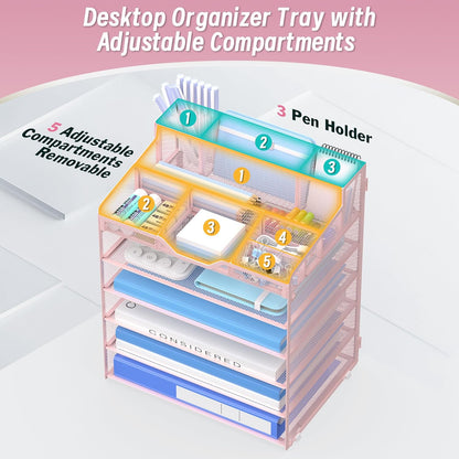 5 Tier Mesh Desk Organizer,Multi Functional Letter Paper Tray with 3 Pen Holders and 5 Adjustable Storage Compartments for Office Supplies Files and Mail Space Saving Desktop Organizer-Black