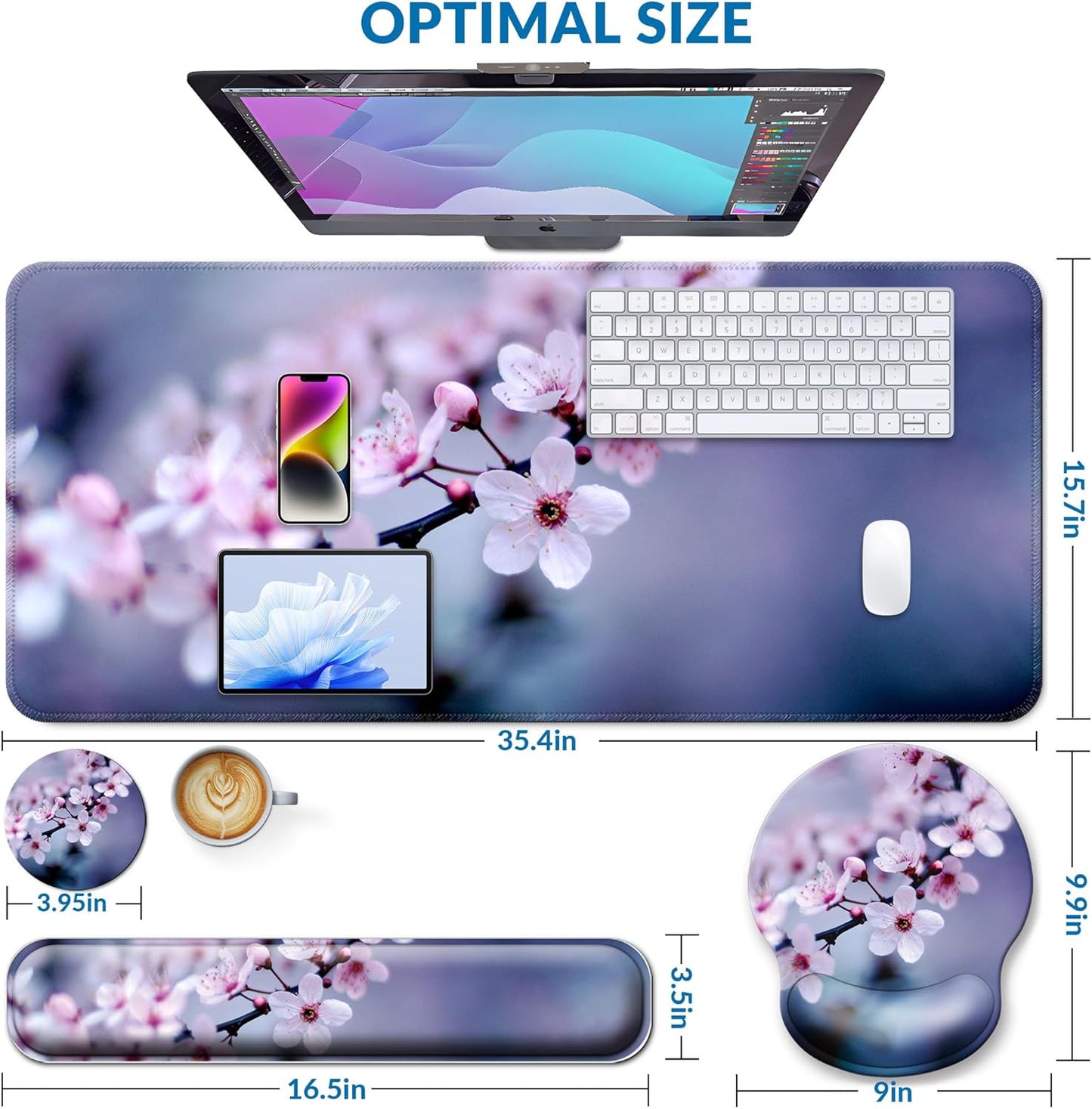 Desk Mat Set + Keyboard and Mouse Pad with Wrist Rest Support,4-in-1 Large Mousepad Computer Mats for Desktop Home & Office-Purple Butterflies