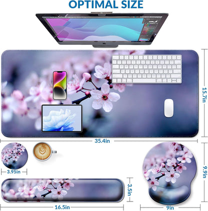 Desk Mat Set + Keyboard and Mouse Pad with Wrist Rest Support,4-in-1 Large Mousepad Computer Mats for Desktop Home & Office-Purple Butterflies
