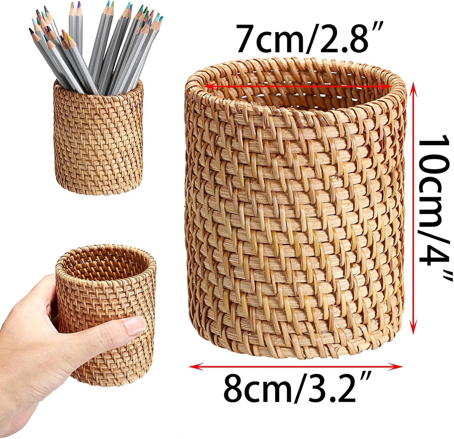BTSKY Rattan Pen Cup, Handmade Desk Pencil Holders Makeup Brush Holder Multi-Functional Woven Basket Office&Home Desktop Organizer(Cone)