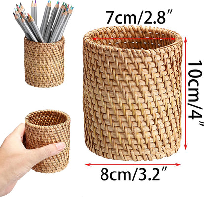 BTSKY Rattan Pen Cup, Handmade Desk Pencil Holders Makeup Brush Holder Multi-Functional Woven Basket Office&Home Desktop Organizer(Cone)