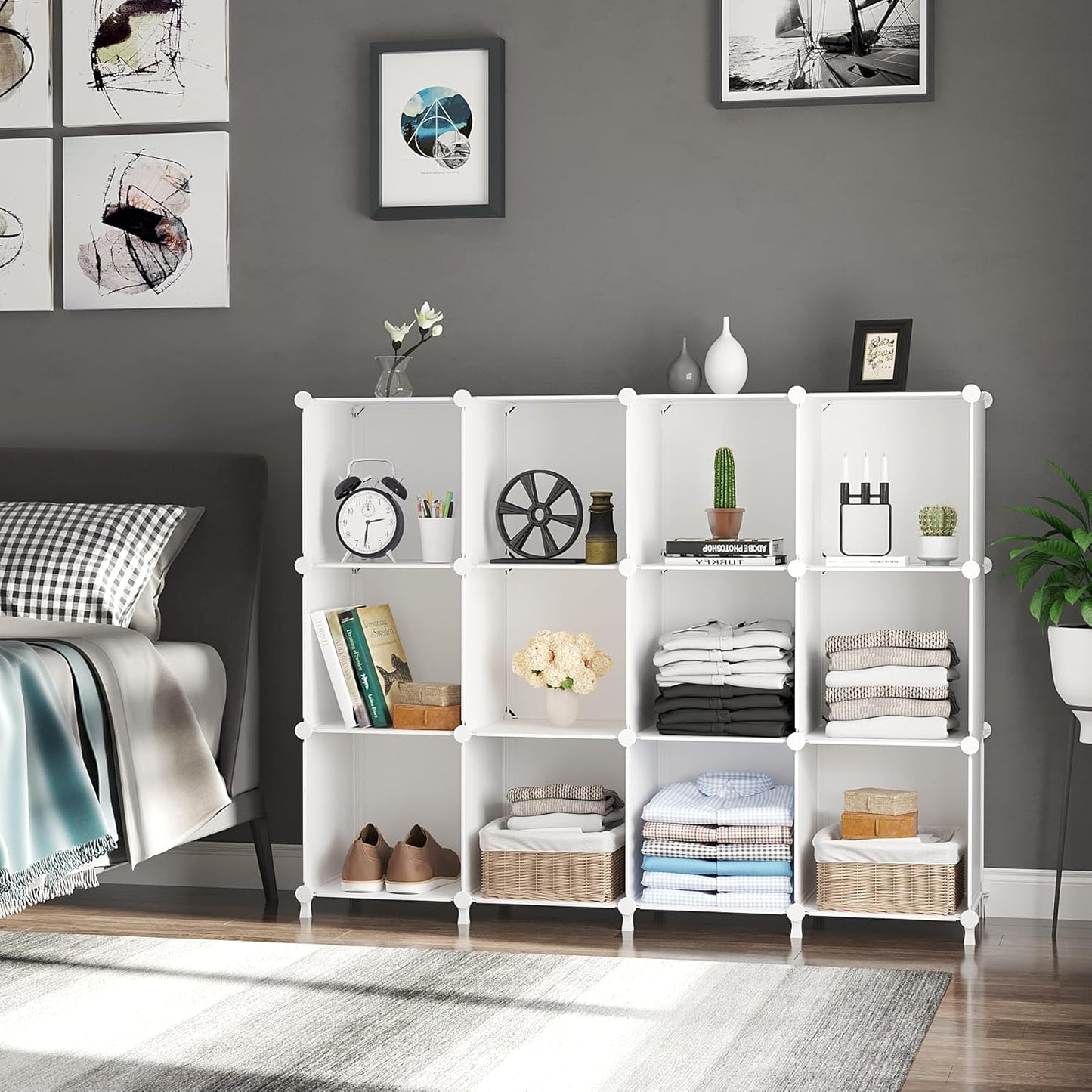AWTATOS Cube Storage Organizer, 16 Cube Closet Organizer, Stackable Storage Cube Shelves, DIY Portable Closet Clothes Organizer Shelving for Bedroom, Closet, Wardrobe, Bathroom, White