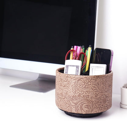 lizimandu Round Leather Art Supply Organizer,Remote Control Holder,360 Degree Spinning,Multi-Functional Pencil Holder,4 Compartments Desktop Stationary Organizer(1-Gold) - Colors B