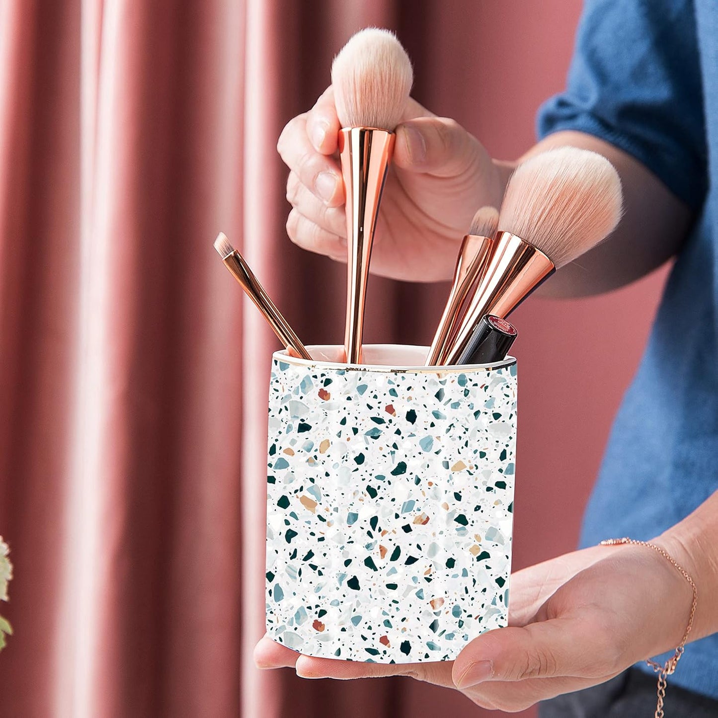 Pencil Holder for Desk Organizer,Ceramic Writing Utensil Storage Organizer Aesthetic Floral Pattern Pen Holder Pen Cup Makeup Brush Holder Creative Gift for Desktop Supplies,School Life Blue