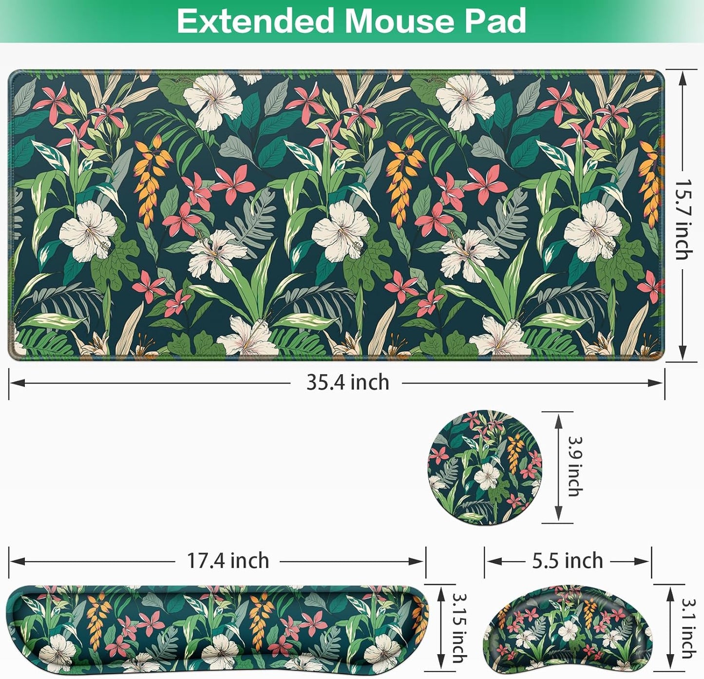 Desk Mat, Large Gaming Mouse Pad with Wrist Rest, 4in1 XXL Mousepad+Keyboard Wrist Rest+Mouse Pad Wrist Support+Cup Coaster Set Ergonomic Floral Computer Desk Arm Wrist for Decor Home Office Women