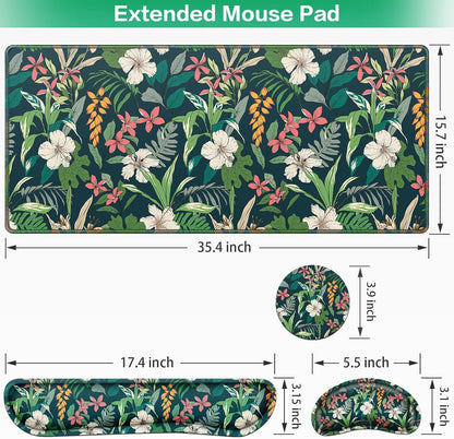 Desk Mat, Large Gaming Mouse Pad with Wrist Rest, 4in1 XXL Mousepad+Keyboard Wrist Rest+Mouse Pad Wrist Support+Cup Coaster Set Ergonomic Floral Computer Desk Arm Wrist for Decor Home Office Women