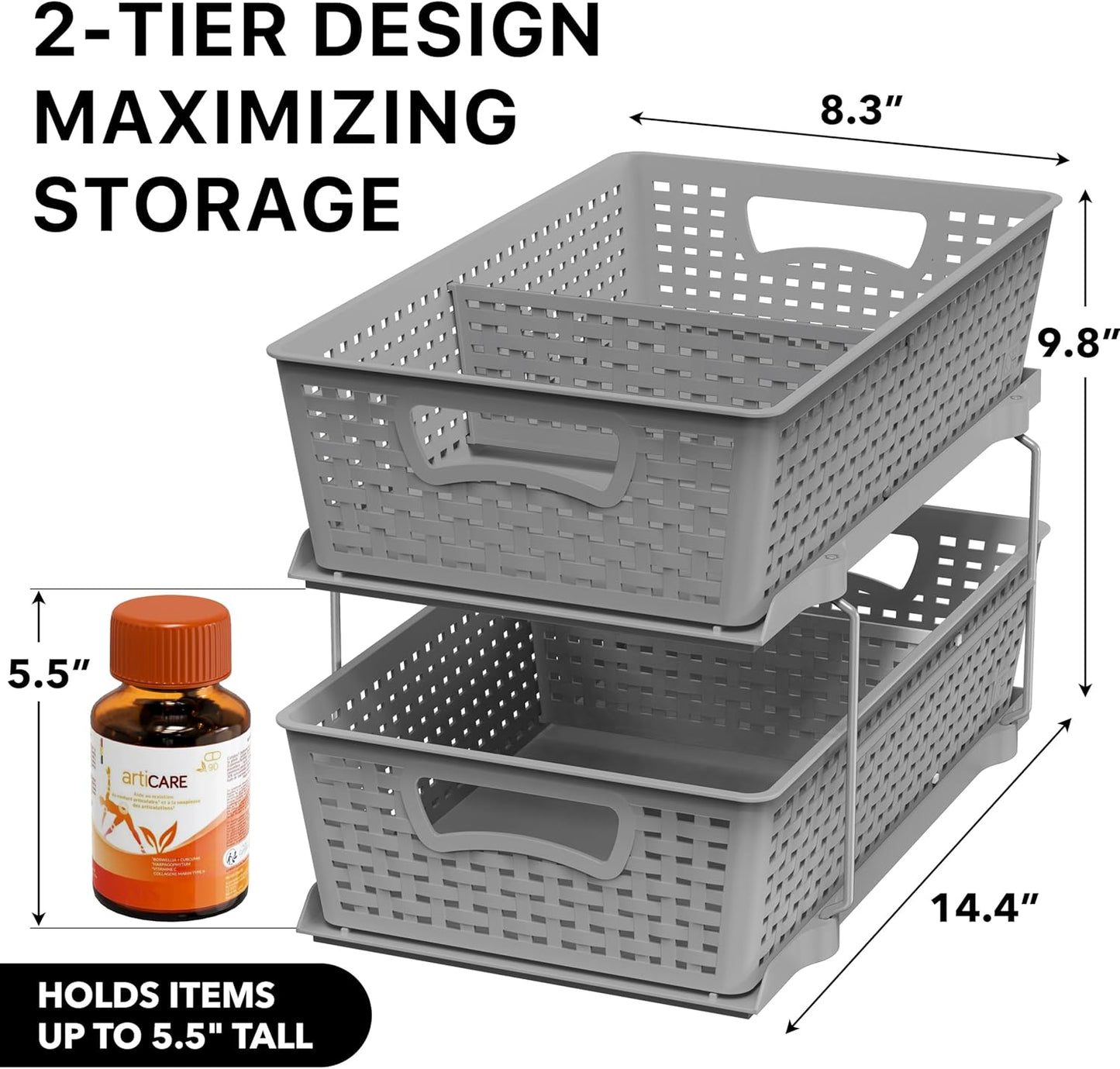 Simple Houseware 2 Tier Bathroom Organizer Tray Pull-Out Sliding Drawer, Under Sink Storage, Black