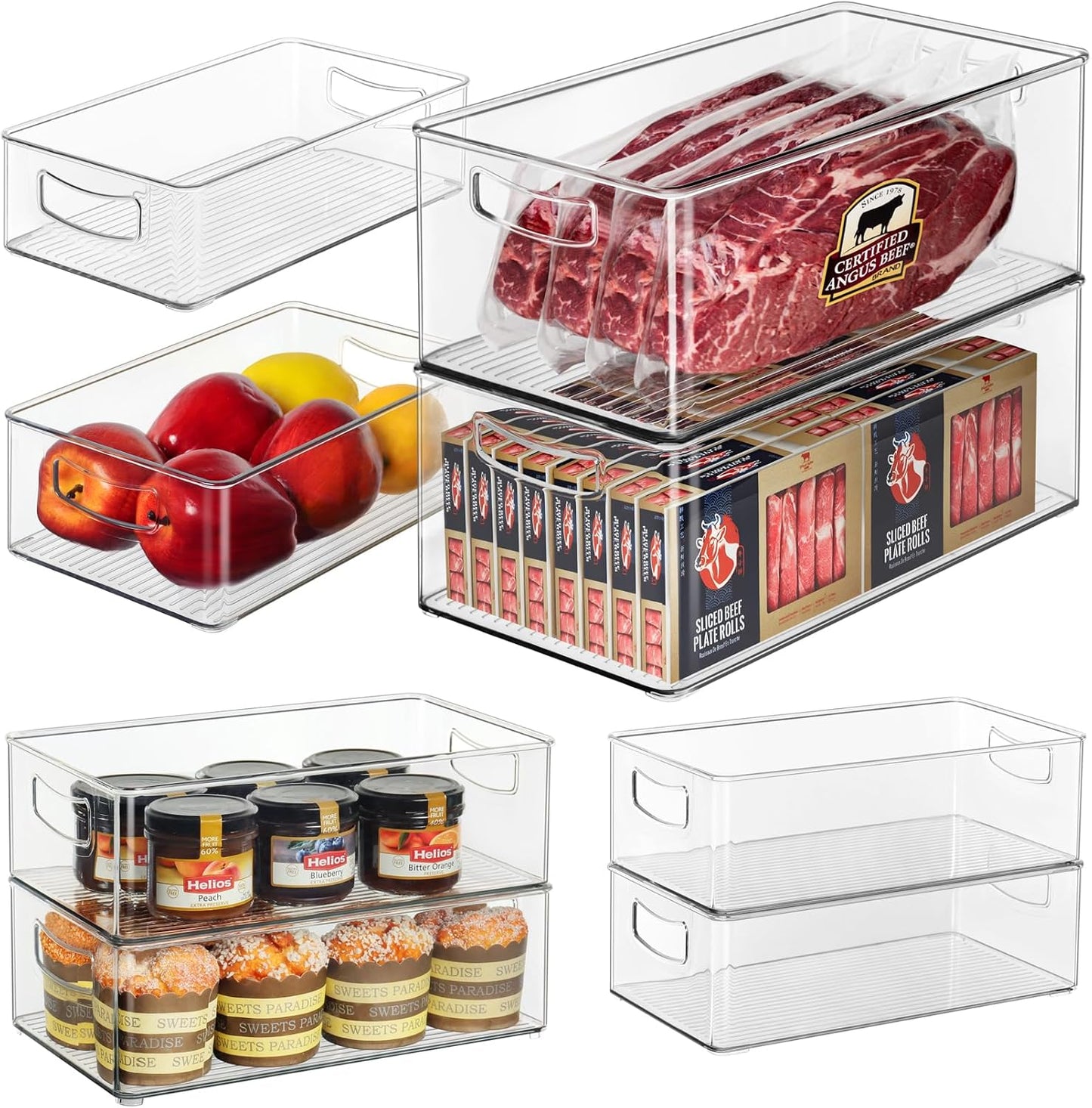 Hudgan 8 Pack Pantry Organizer and Storage, 2 Extra Large Stackable Freezer Organizer Bin, 3 Large Clear Storage Bin and 3 Medium Plastic Container for Home Edit, Kitchen Cabinet, Bathroom Shelf
