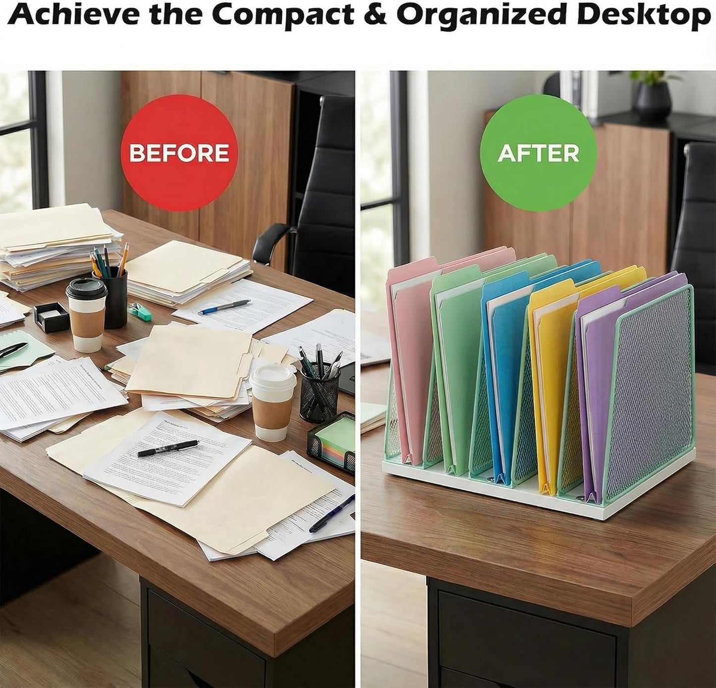 AUPSEN 5-Section Gold File Organizer for Desk, Wood Mesh Desktop File Organizer, File Sorter Storage Rack, Vertical Folder Holder for Files, Magazines, Books (Gold)