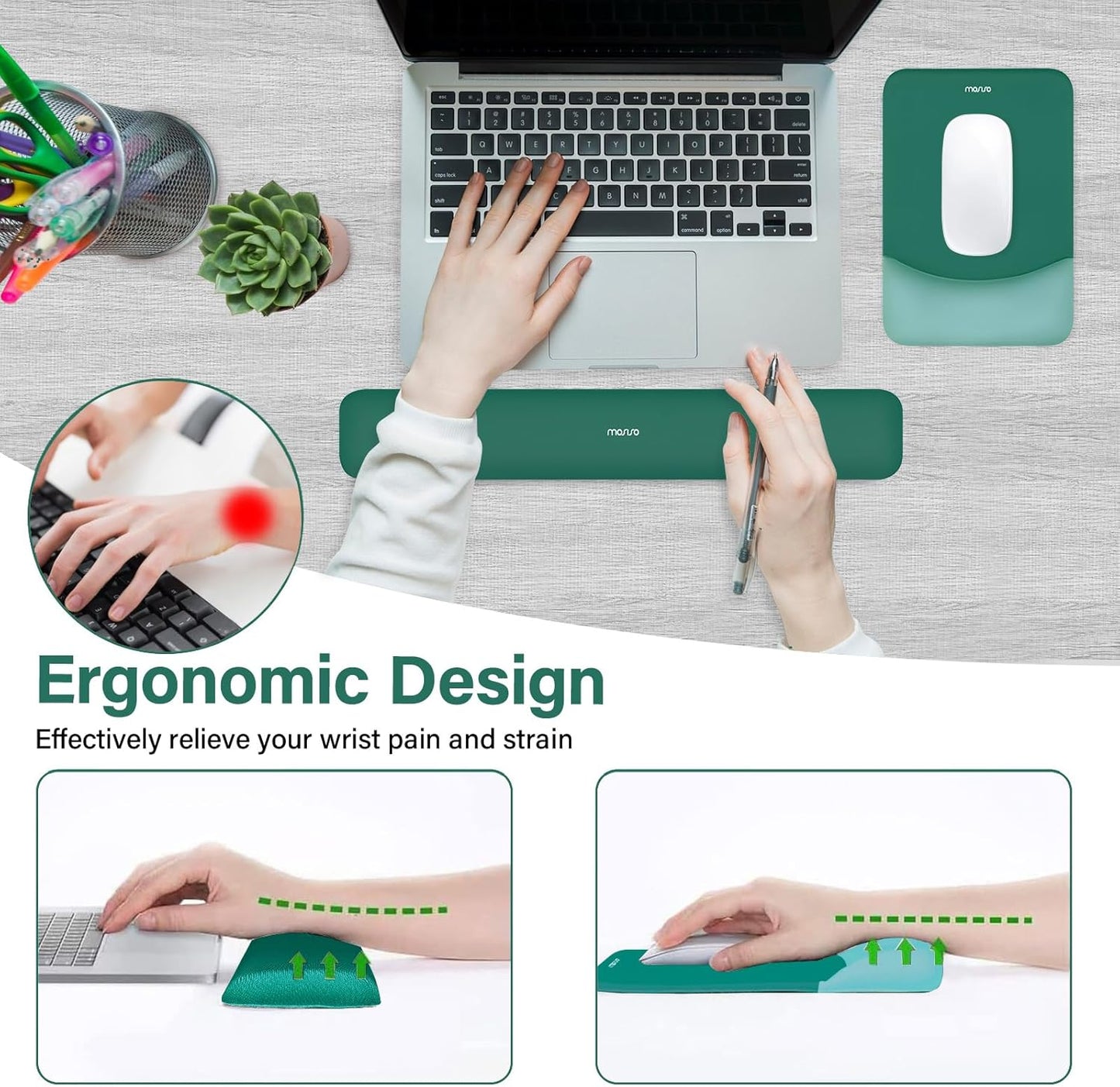 MOSISO Wrist Rest Support for Mouse Pad&Keyboard Set, Rectangular Ergonomic Mousepad Non-Slip Base Home/Office Pain Relief&Easy Typing Pad with Neoprene Cloth&Raised Silicone Lining, Green