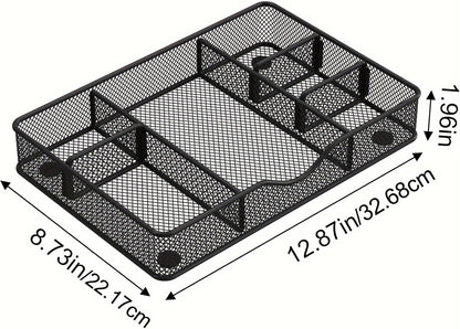VyGrow Desk Drawer Organizer Tray, Metal Mesh Drawer Organizers Office, 6 Adjustable Compartment, Desk Organizer Tray for Home Office 12.87L x 8.73D x 1.96H inch, Black, 1PC Medium