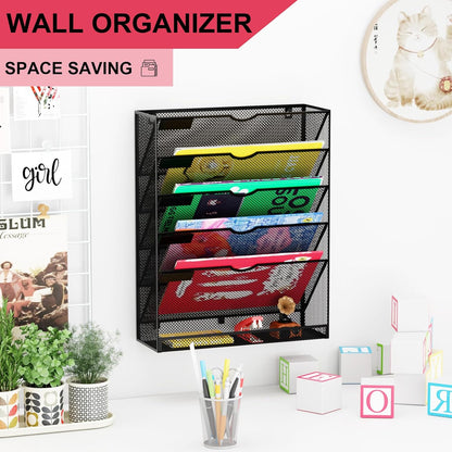 Wall File Organizer Holder Mesh Hanging Paper Document Holder,Vertical 6 Pocket Tier for Office Home, Black