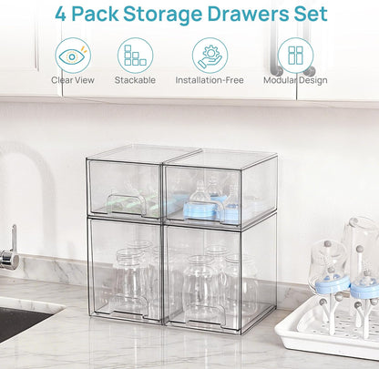 Vtopmart Stackable Storage Drawers Set of 4, Clear Plastic Organizer Bins for Bathroom Supplies,Ideal for Cabinet,Pantry,Laundry Room Organization