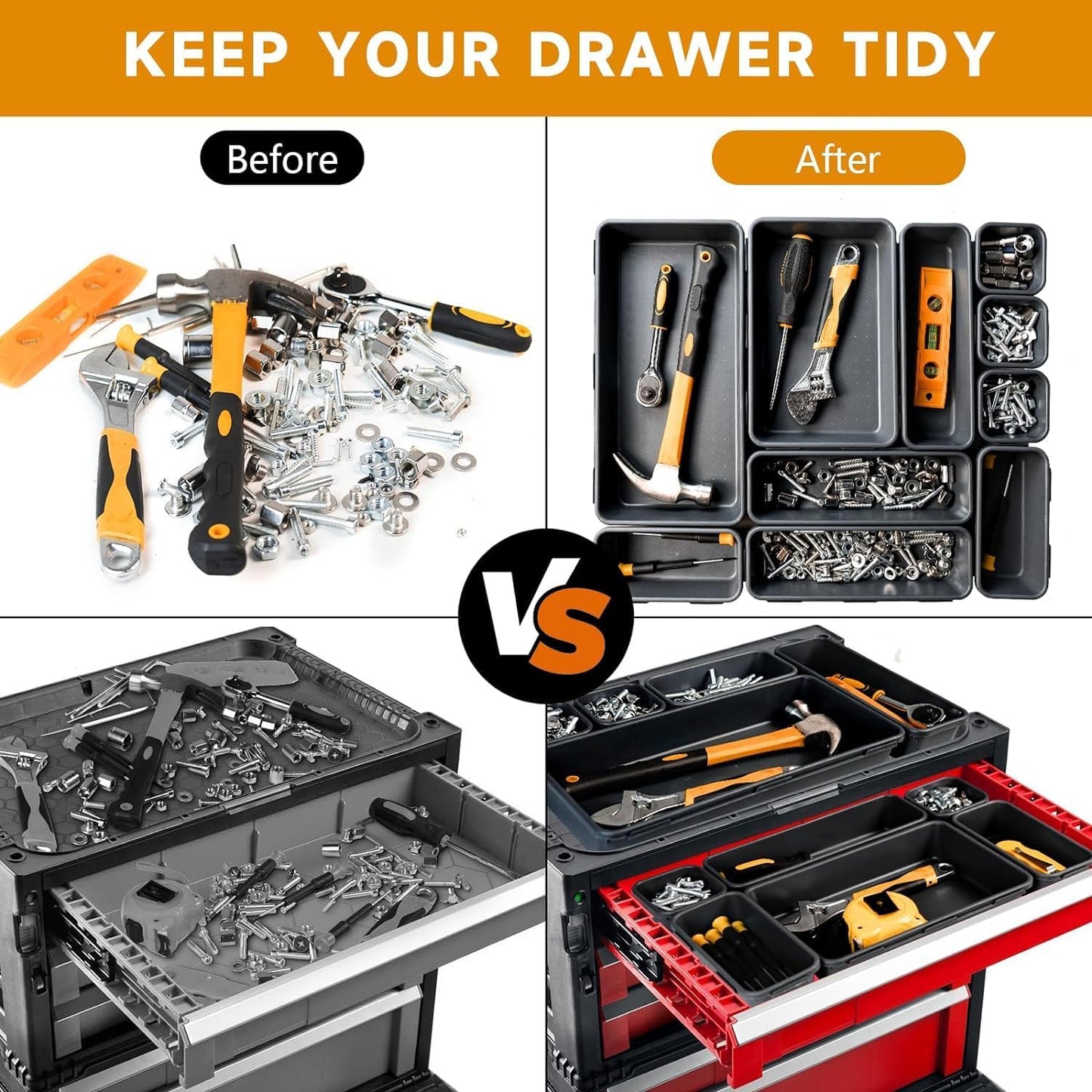 [60 PCS Upgraded] FLYVOLE Tool Box Organizer Tray, Toolbox Desk Drawer Organizer, Tool Box Tray, Toolbox Organization Storage for Rolling Tool Chest (60 PCS)