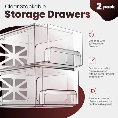 Oizeir Acrylic Drawer Organizer 2-Pack – Clear Stackable Storage Drawers for Makeup, Skincare, Vanity, Bathroom, Under Sink, Kitchen & Office – Non-Slip, Durable, Multi-Purpose Organizer Bins