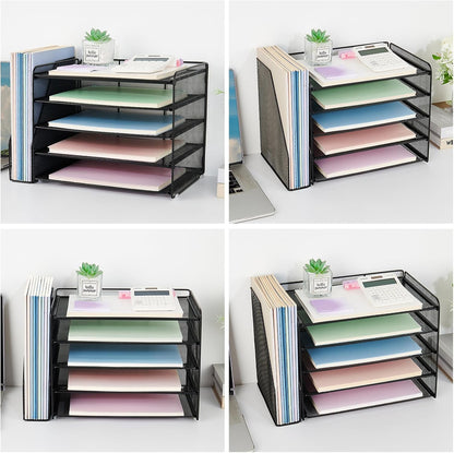 OPNICE Desk Organizer, 5-Tier Paper Organizer Letter Tray with Magazine Holder, Office Desk Accessories & Workspace Organizers, Desktop File Organizer for Office Supplies Storage, Black