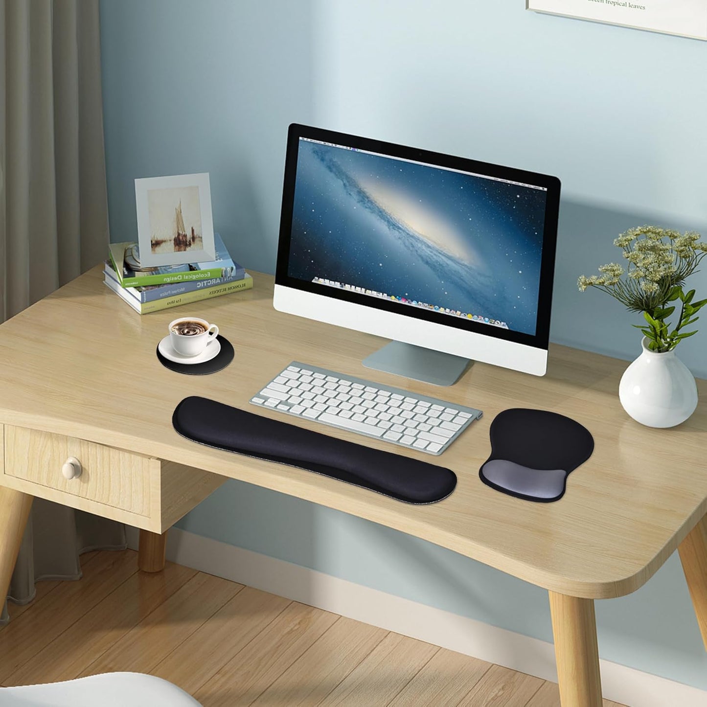 Wrist Rest Support for Mouse Pad Keyboard Set Circle Coaster Gaming Mouse Pad Ergonomic Gel Memory Foam Set for Computer, Laptop, Office, Pain Relief, Comfortably Typing Flowers KM-39