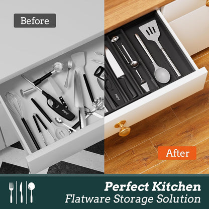 Silverware Organizer Large, Magnetic Connected Expandable 13 Slots Silverware Drawer Organizer From 21 to 37.4 Inches, Adjustable Flatware and Cutlery Holder, Bamboo Utensil Tray for Kitchen Natural