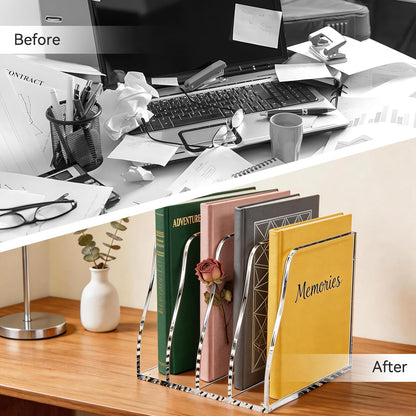 Acrylic Magazine File Holder,4 Vertical Compartments Desk Document Sorter Organizer,Clear Office Organization Supplies,For: Files, Books, and Accessories