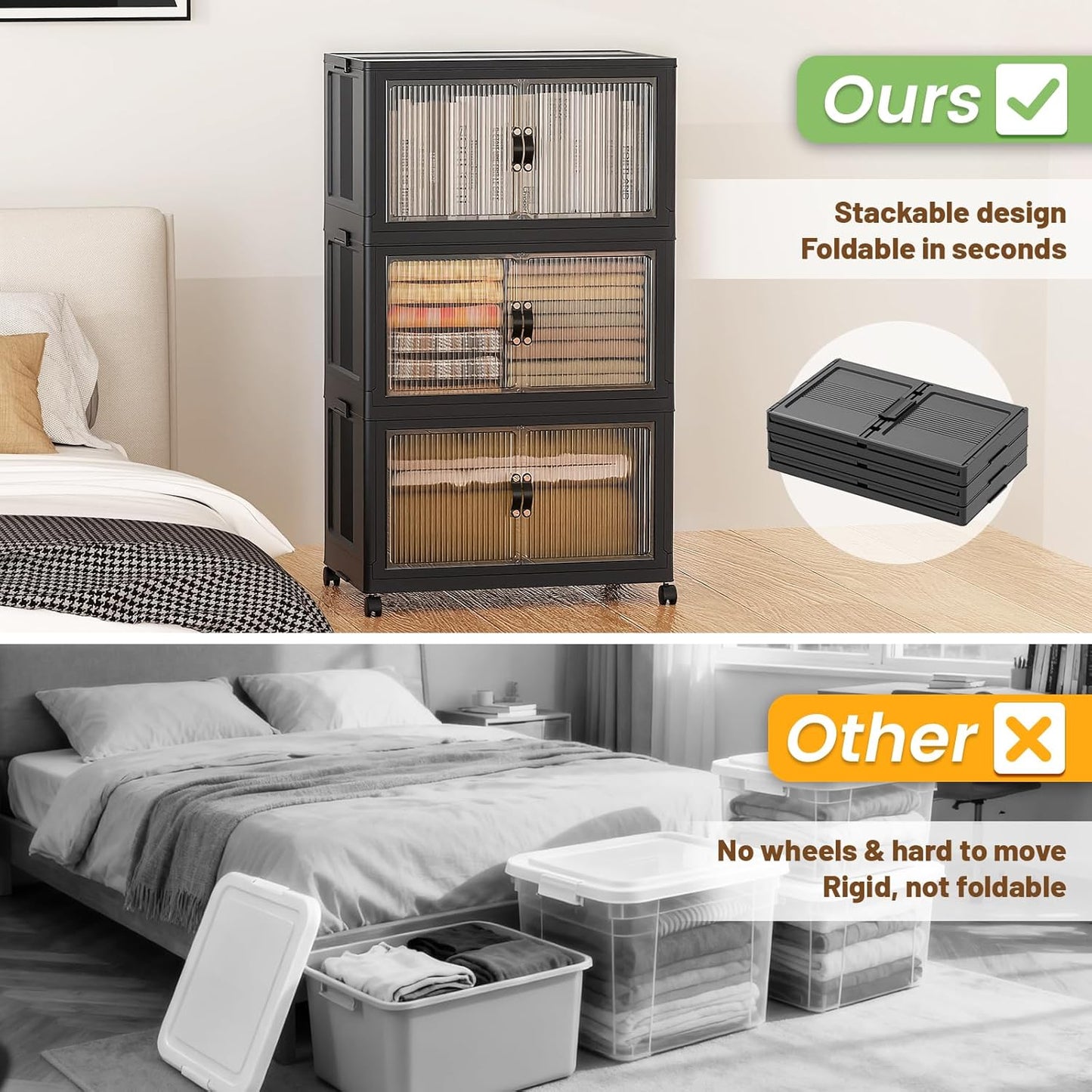 SAILUN 145Gal/580Qt Collapsible & Stackable Storage Bins with Door & a Lid,Perfect for Blanket Storage, Pillow Organizer, Bedroom Closet & Living Room, Black 26" W x 17" D x 71" H