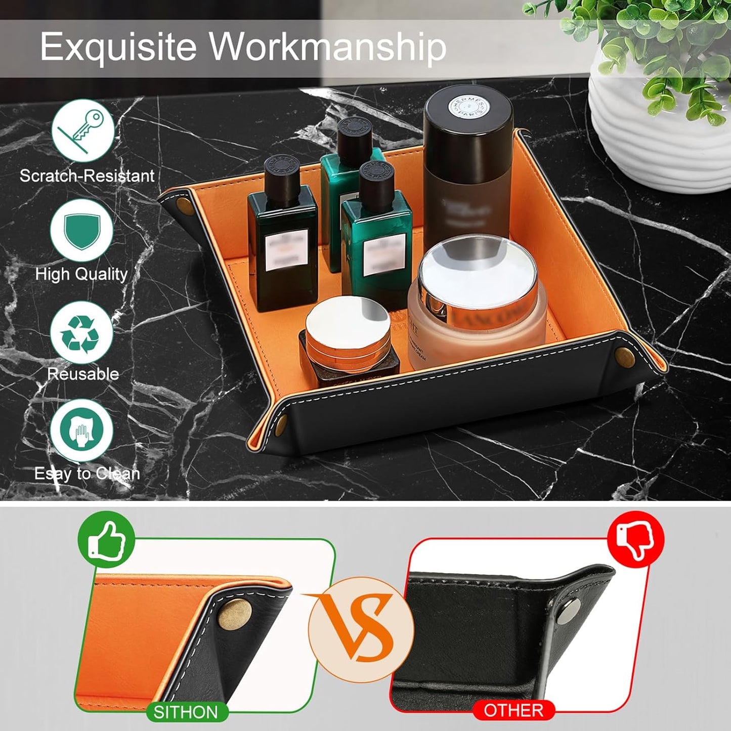 SITHON Valet Tray Desktop Storage Organizer – Premium PU Leather Catchall Bedside Vanity Tray Nightstand Caddy Holder for Keys, Phone, Wallet, Coin, Valentine's Day Gift, Brown