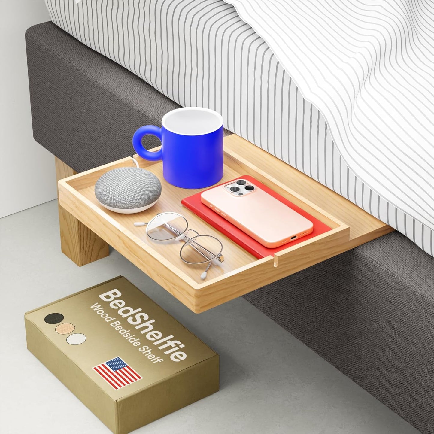 BedShelfie Bedside Shelf for Dorm Room Bunk Bed & Top Bunk, College Dorm Room Essentials, Bedside Caddy, Clip on Floating Desk Tray, Bed Side Table Storage, Loft Nightstand Decor - Black Wood Slide