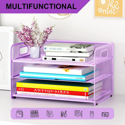 3 Tier Paper Letter Tray Organizer for Desk, Mesh File Folder Document Organizer with Handle for Home Office Supplies Desktop Accessories, Black