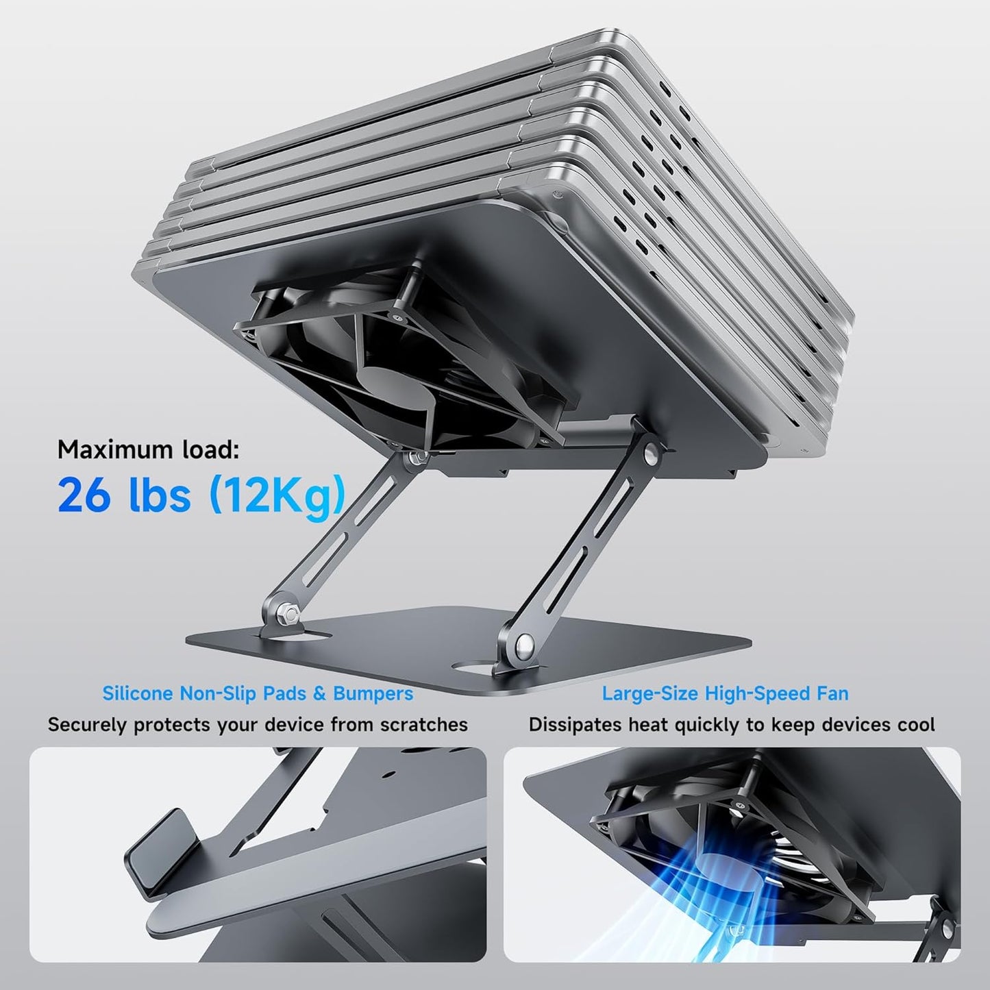 Laptop Stand - Adjustable Ergonomic Laptop Riser, Portable Foldable Aluminum Laptop Holder Perfect for Desk, Bed, Couch & Lap - Space Saving - Silver