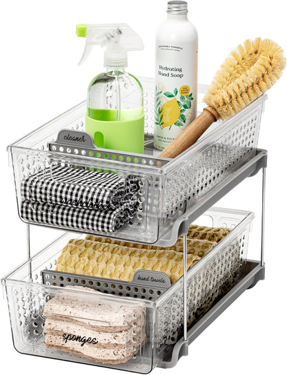 madesmart Two-Tier Bathroom Cabinet Organizer, Sliding Drawer Storage for Bottles, Sponges & Cleaning Supplies, Blue
