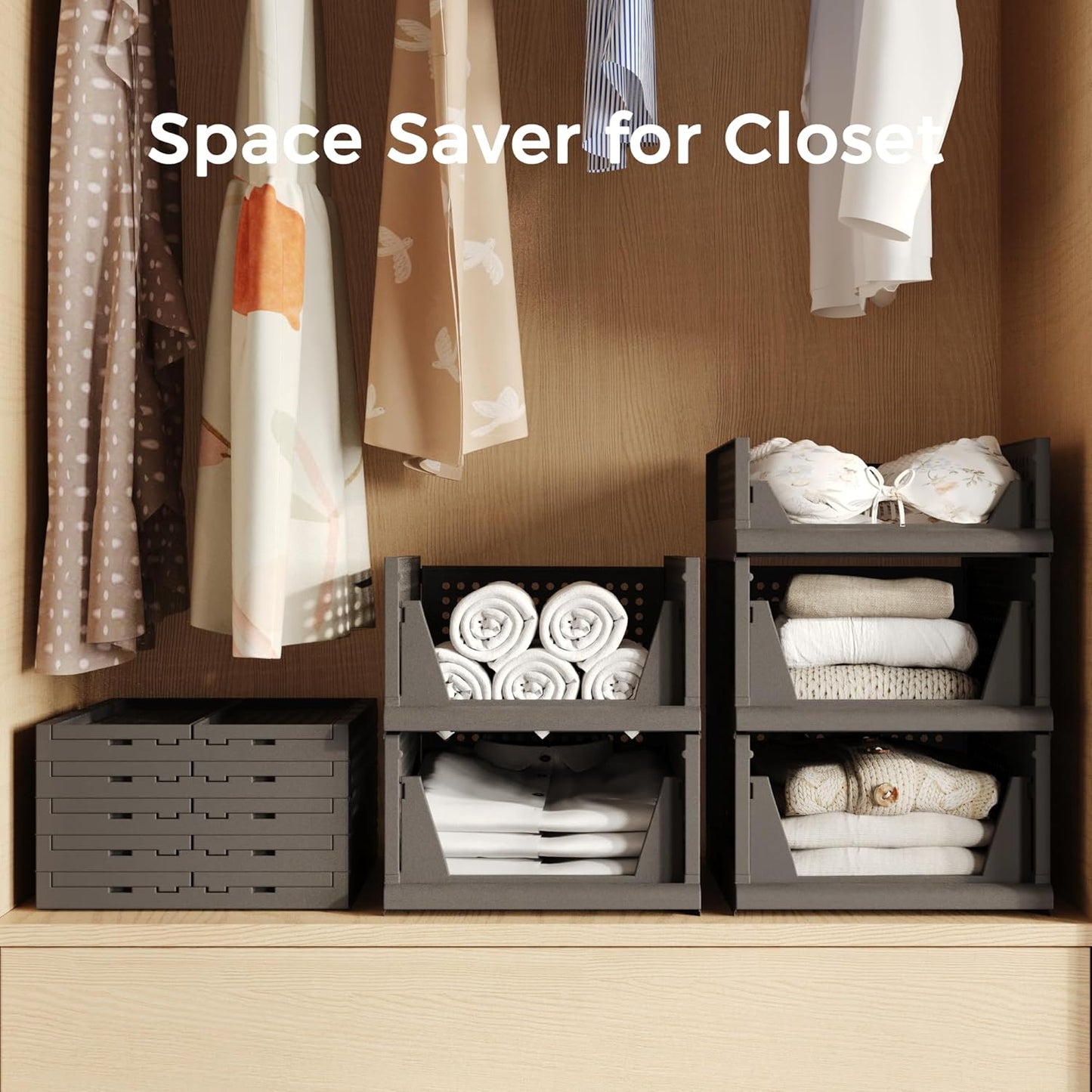 Pinkpum 5 Pack Stackable Plastic Storage Closet Organizers and Storage Bins Drawer Shelf Storage Container for Wardrobe Cupboard Kitchen Bathroom Office White