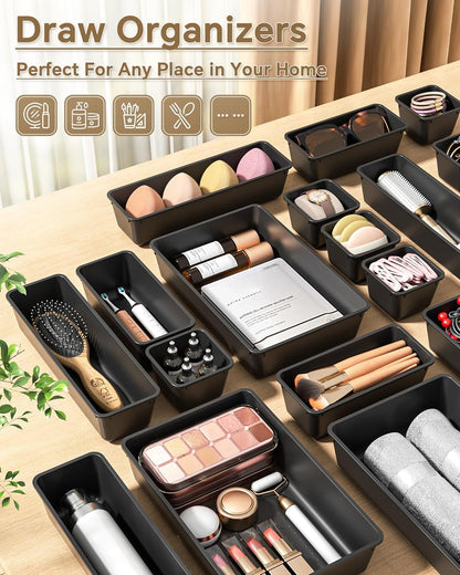KEMETHY 25 PCS Plastic Drawer Organizers Set, 4 Sizes Vanity Organizer, Makeup and Desk Drawer Organizer Trays, Organization and Storage for Makeup, Bathroom, Kitchen Utensils and Office (Black)