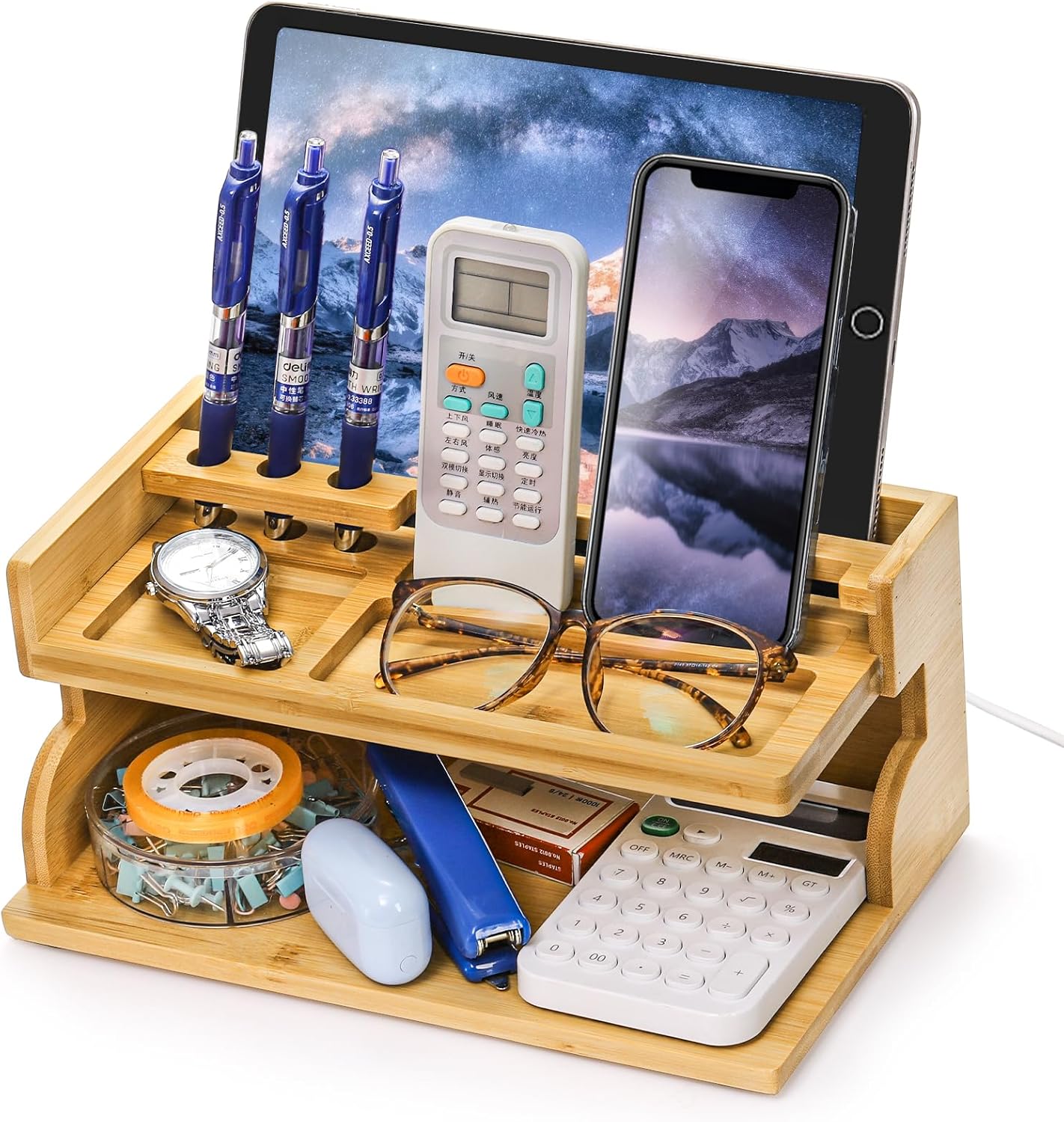Yopay Nightstand Organizer for Men, Luxury Bamboo Phone Docking Station for Dad Husband, Charging Organizer Cell Phone Stand Tablet Stand for Boyfriend Graduation Office Father's Day