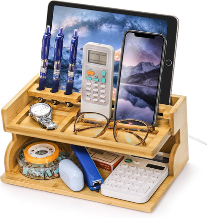 Yopay Nightstand Organizer for Men, Luxury Bamboo Phone Docking Station for Dad Husband, Charging Organizer Cell Phone Stand Tablet Stand for Boyfriend Graduation Office Father's Day