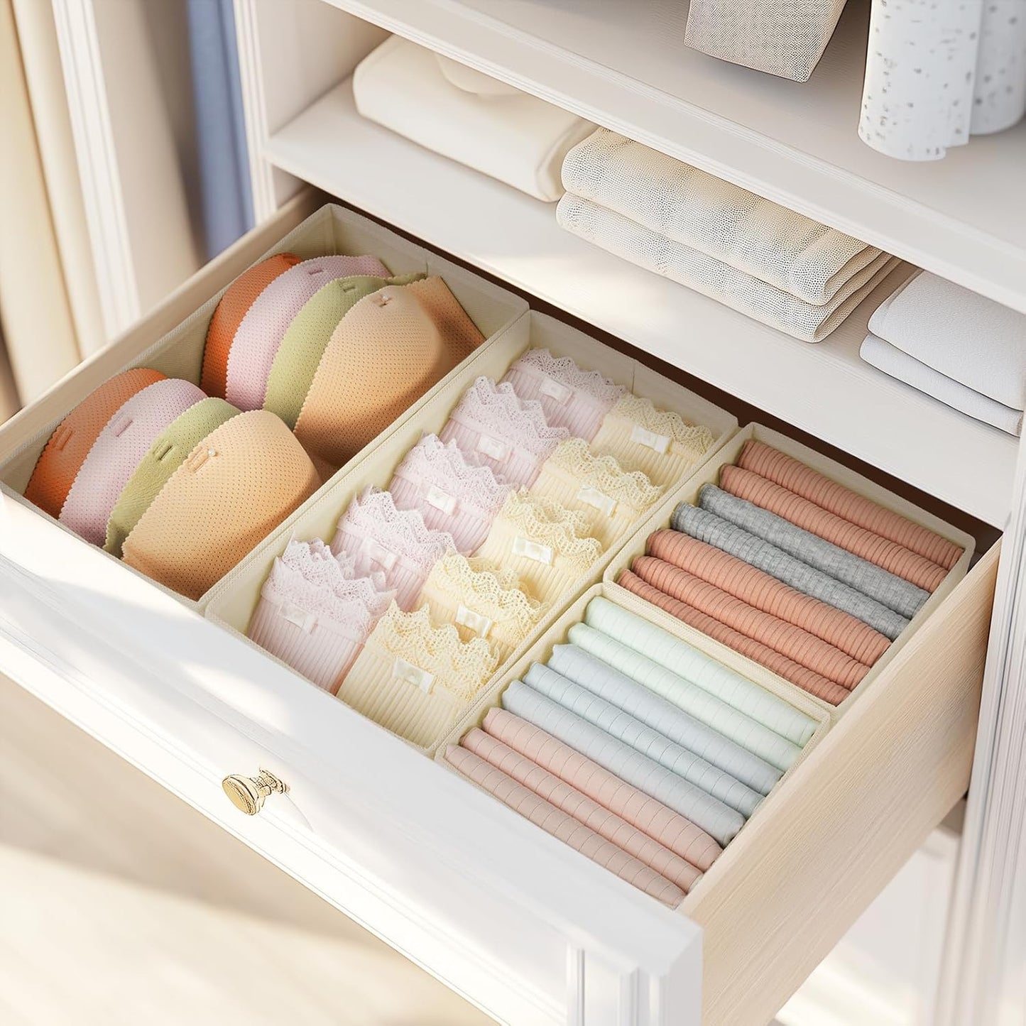 DIMJ Drawer Organizers Clothes, Dresser Organizer Bins for Baby Clothes,Underwear and Sock, Fabric Closet Organization and Storage Boxs, Drawer Dividers for Nursery, Clothing, Tie - 4 Pack, Beige