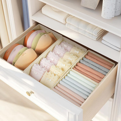 DIMJ Drawer Organizers Clothes, Dresser Organizer Bins for Baby Clothes,Underwear and Sock, Fabric Closet Organization and Storage Boxs, Drawer Dividers for Nursery, Clothing, Tie - 4 Pack, Beige