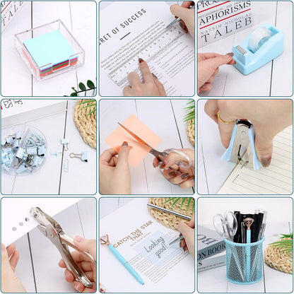 17 in1 Silvery Desk Organizers and Accessories Set, 3 Office Desk Supplies Storage Organization, 4 Pens, Stapler, Staples & Remover, Tape & Dispenser, Scissors, Ruler, Clips, Hole Punch Back to School