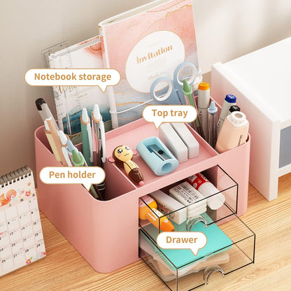 Marbrasse Pen Organizer with 2 Drawer, Multi-Functional Pencil Holder for Desk, Desk Organizers and Accessories with 5 Compartments + Drawer for Office Art Supplies (White)