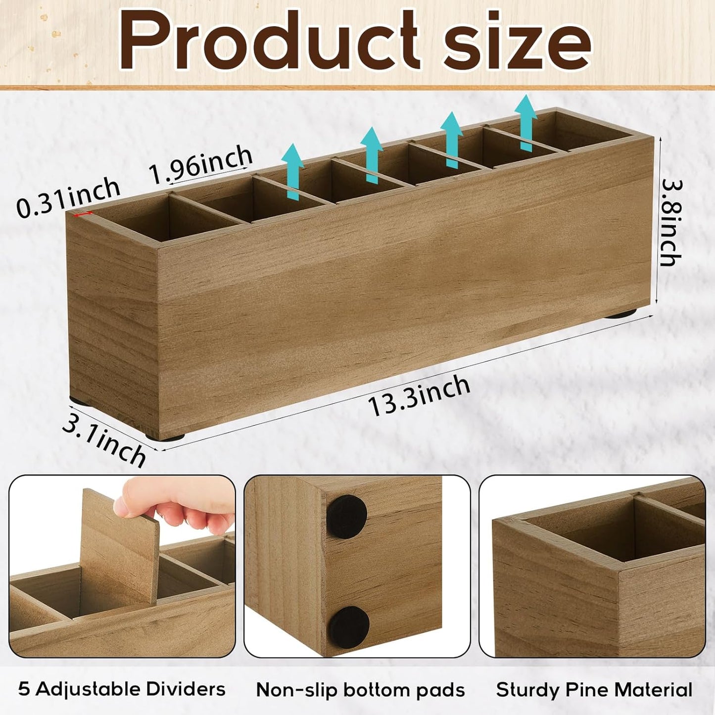 Jetec Wooden Pencil Holder 5 Compartments for Desk Adjustable Pen Holder Wood Office Desk Organizers and Accessories Makeup Brush Organizer for Pen, Home, Office and Art Supplies (White)