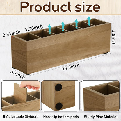 Jetec Wooden Pencil Holder 5 Compartments for Desk Adjustable Pen Holder Wood Office Desk Organizers and Accessories Makeup Brush Organizer for Pen, Home, Office and Art Supplies (White)