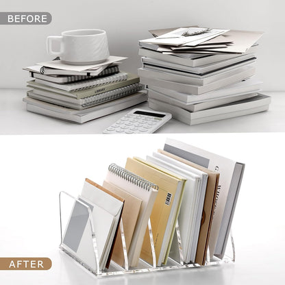 SANRUI 5 Compartments Acrylic Mail Sorter Holder, Clear Document Magazine Envelope File Rack, Vertical Letter Sorter & Multifunction Desk Organizer for Bills, Documents, Notebooks