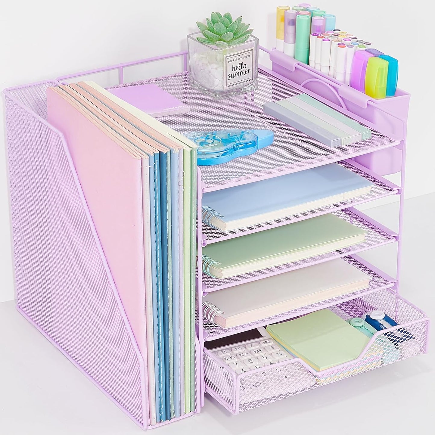 Desk Organizer, 5-Tier Paper Letter Tray Organizer with File Holder, Drawer and Pen Holder, Desktop Organizer for Office Supplies, Black