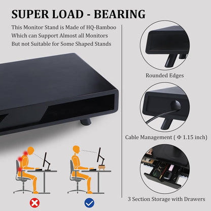 Homerays Monitor Stand with Drawer, Exquisite Computer Monitor Stand for Desk, Ergonomic Wood Monitor Stand Riser for Computer,Laptop,Printer,TV,Bamboo,White