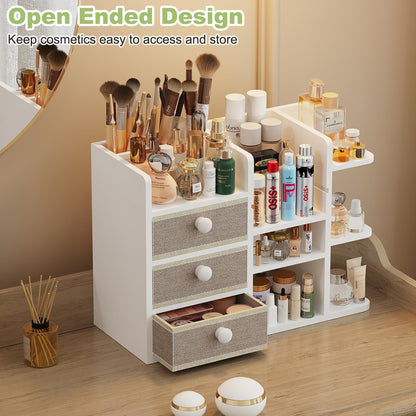 Large Makeup Organizer For Vanity, Large Capacity 3 Tiers Bamboo Bathroom Counter Organizers and Storage, Countertop Makeup Brush Holder, Nail Polish Perfume Stand with 3 Drawers and 10 Compartments