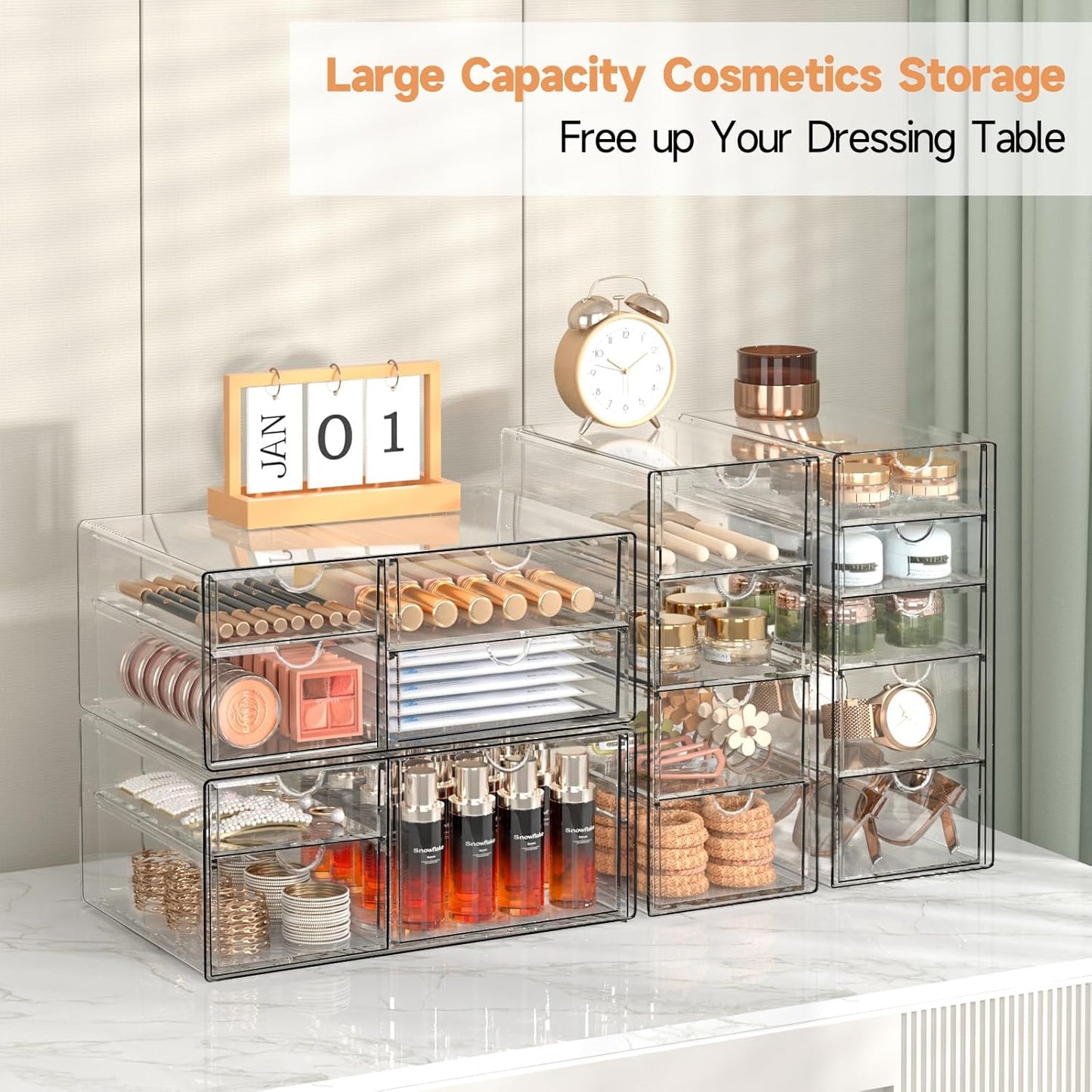 Makeup Drawer Storage Organizer with 24 Drawers, 4 Set Acrylic Office Desk Organization and Storage, Dustproof Drawer Organizer for Makeup, Office, Countertop, Jewelry, Pen, Desktop, Bathroom, Bedroom