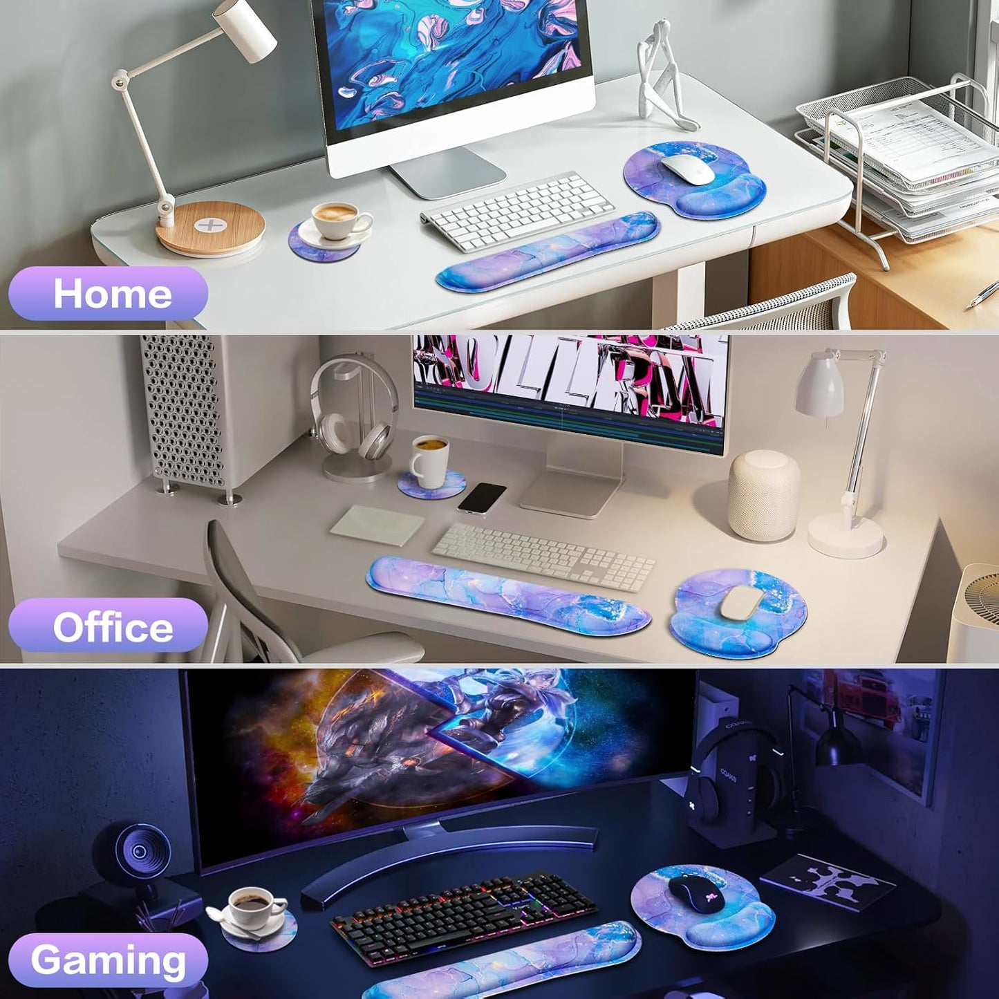 Mouse Pad with Wrist Rest Set, Qomolama 3-in-1 Wrist Support Mouse Pad Set, Floral Gaming Mousepad with Anti-Skid Base,Ergonomic Mouse Pad,Memory Foam Keyboard Gel Wrists Rest
