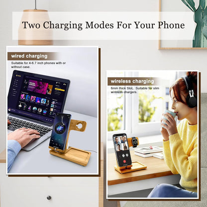 4 in 1 Bamboo Nightstand Organizer, Wood Phone Docking Station, Phone Charger Stand for iPhone 12-18 Series & Android, Desktop Organizer for iWatch & Airpods, Gifts for Men, Dad, Anniversary