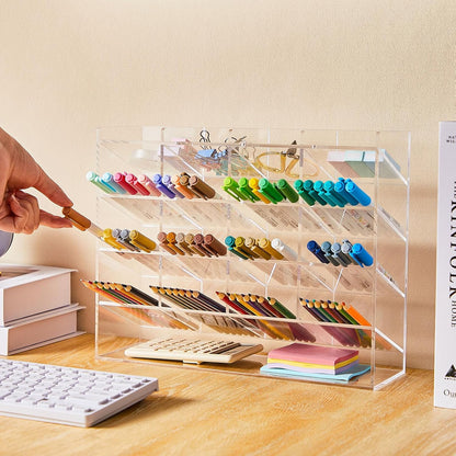 MotiMind Acrylic Pen Organizer Storage for 250 Markers Vertical Marker Organizer Acrylic Pen Display Holder for Office Desk Desktop Stationery Pencil Storage, Clear, 13 x 4 x 12.4 Inch