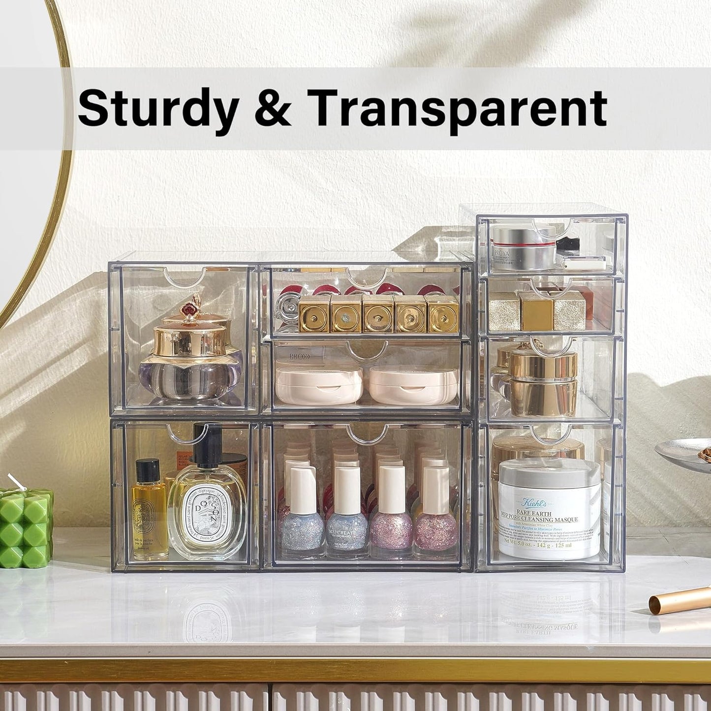 Prsildan Acrylic Makeup Organizer, 2 Pack Stackable Storage Drawers with 6 Drawers for Office Desk Vanity Craft Room Clear Drawer Organizers for Hair Accessories Art Supplies Cosmetics Modular System