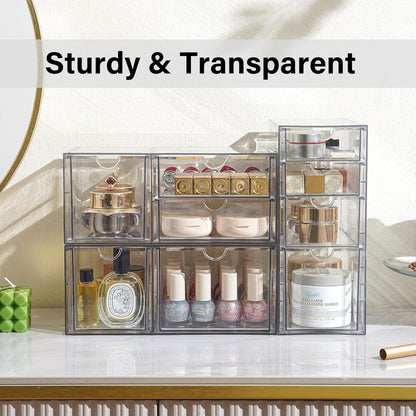 Prsildan Acrylic Makeup Organizer, 2 Pack Stackable Storage Drawers with 6 Drawers for Office Desk Vanity Craft Room Clear Drawer Organizers for Hair Accessories Art Supplies Cosmetics Modular System