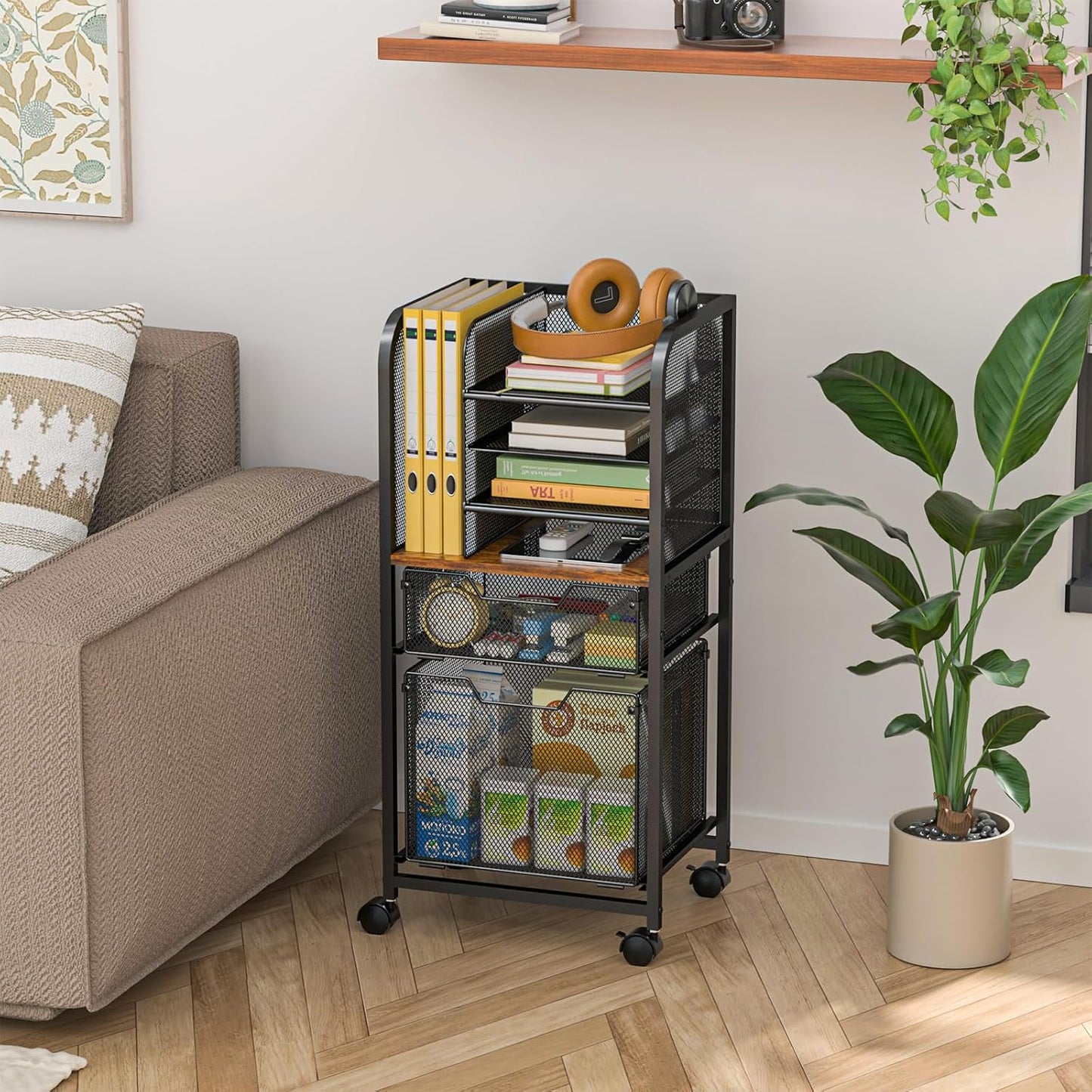 5-Tier Rolling File Cart Under Desk with Drawers, File Cabinet Organizer for Hanging File Folders, Letter-Size File Storage with Wheels, Multi-Layer Mobile Filing Cabinet for Under Desk Storage